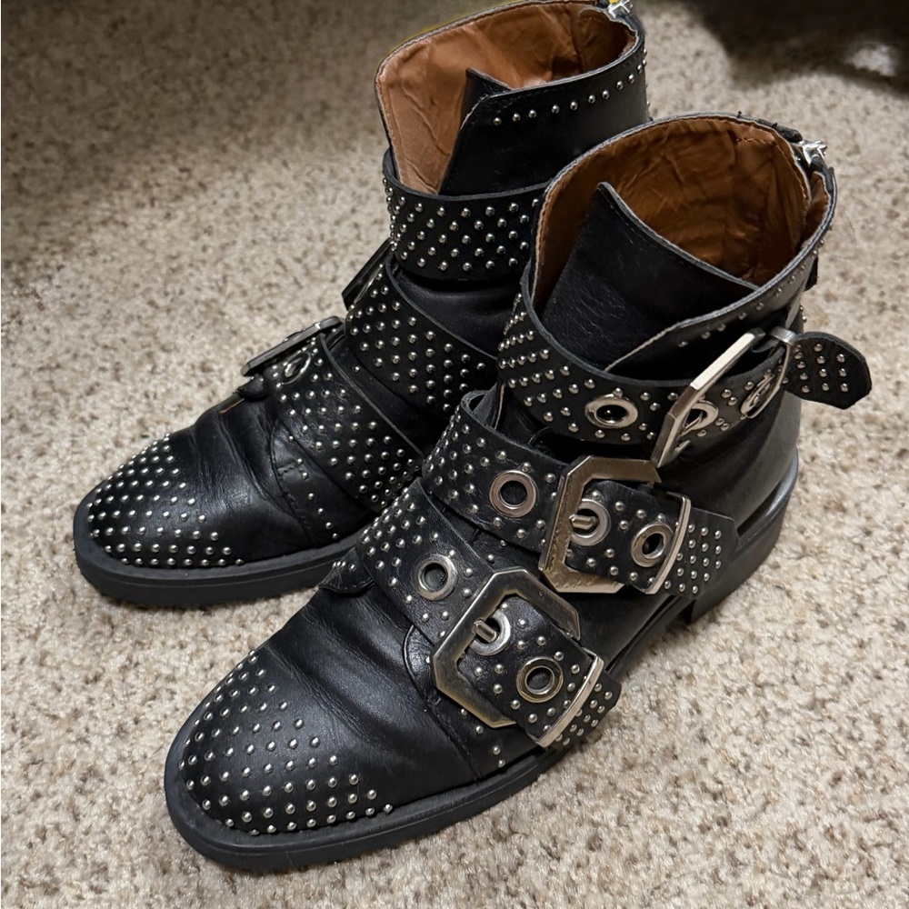 Zara Studded Black Leather Buckle Boots 36
